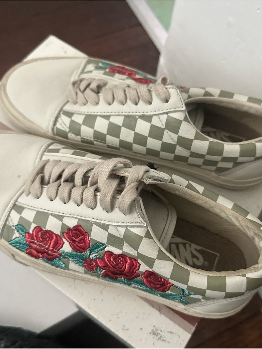Vans White and Sage Green Checkerboard Sneakers with Red Rose Embroidery